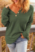 Henley Button Placket Side Slit Drop Shoulder Pullover Knit Sweater